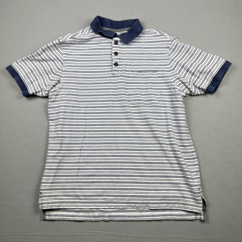 Duluth Mens Large White Blue Striped Relaxed Fit Pique Polo Shirt Pocket 3237-26